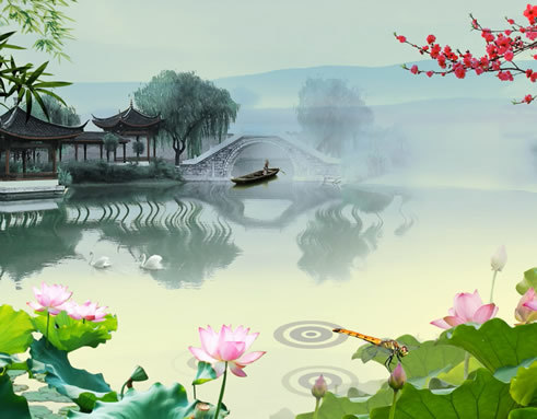 中国风水墨古典江南水乡荷塘 高清LED大屏幕视频背景vj素材