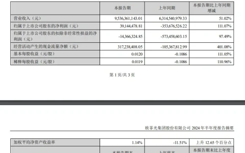 欧菲光 2024 年上半年净利润 3914.45 万元扭亏为盈，同比增长 111.07%