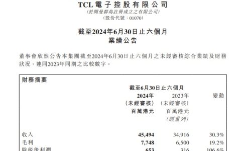 TCL 电子 2024 上半年归母净利润 6.5 亿港元，同比增长 146.5%