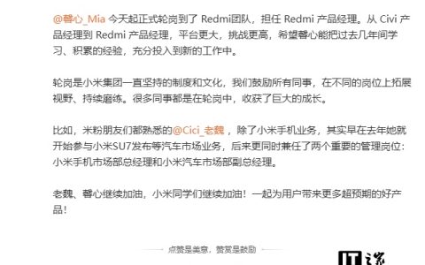 小米卢伟冰：胡馨心轮岗至 Redmi 产品经理