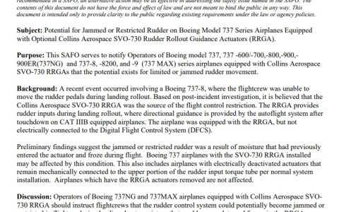 美国 FAA 发布安全警报，称部分波音 737 飞机方向舵存在安全风险