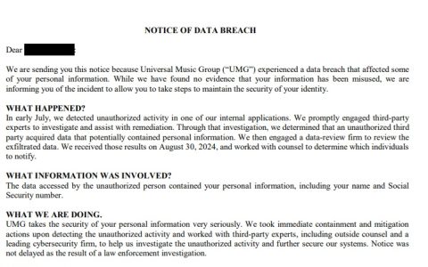 全球最大的音乐公司环球音乐集团承认发生数据泄露，数百名客户信息被盗