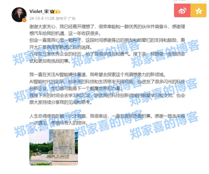 宋紫薇确认已从理想汽车离职，希望去探索AI智能硬件赛道