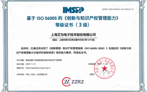 艾为荣获ISO56005《创新与知识产权管理能力》三级证书，相关项目接轨国际先进水平