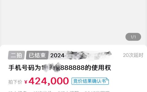 法院成功拍卖尾号 888888 手机靓号，成交价格达 42.4 万元
